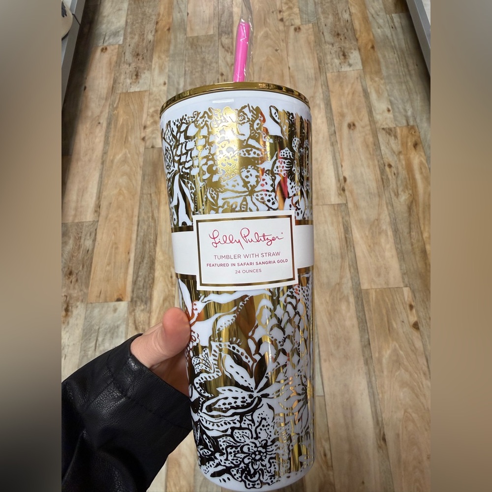 Lilly Pulitzer, Tumbler with Straw, Safari Sangria Gold NWT